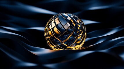 A metallic, reflective sphere with intricate patterns resting on a smooth, flowing dark surface, creating a dynamic interplay of light and shadow with blue and gold tones