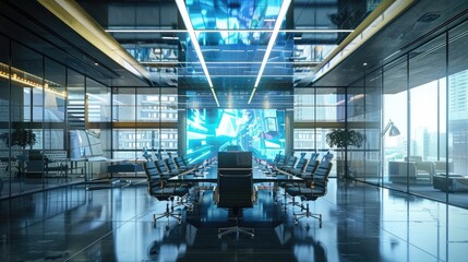 Wall Mural - A sleek and modern office with a holographic conference room and advanced telepresence