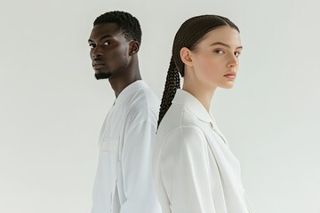 Minimalist fashion collection with models wearing simple, elegant outfits, captured in a clean, modern studio