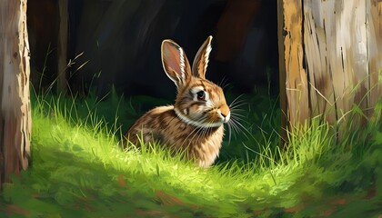 brown rabbit exploring rural farmhouse surrounded by lush green grass