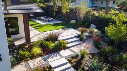 A modern and eco-friendly landscaping company with lush gardens and happy clients