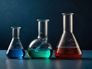 Laboratory glassware with vibrant liquids on a blue backdrop.