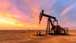 © crazyass - Pumpjack in Desert at Sunset, A robust pumpjack operates in a sandy desert landscape, silhouetted against a vibrant sunset, symbolizing industrial energy extraction in nature.