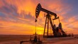 © crazyass - Desert Oil Pumpjack at Sunset, a majestic oil pumpjack rises against a vibrant sunset sky, capturing the essence of industrial energy in a serene desert landscape.
