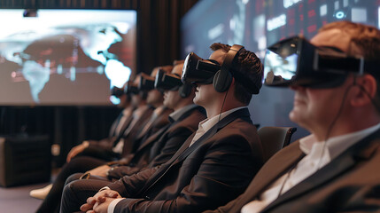 Four men wearing virtual reality headsets seated and watching a screen.