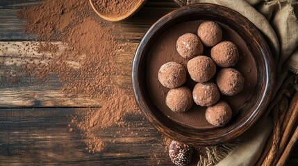 A creative overhead view of homemade chocolate truffles dusted with cocoa powder, arranged on a rustic table, showcasing artisanal craftsmanship.