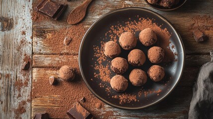 A creative overhead view of homemade chocolate truffles dusted with cocoa powder, arranged on a rustic table, showcasing artisanal craftsmanship.