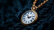 © Maxim - A close-up of an elegant gold pocket watch with Roman numerals, set against a dark textured background, symbolizing timelessness and luxury