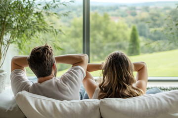 Couple relaxing on the sofa with their backs each other hands behind their heads enjoying comfortable living room environment