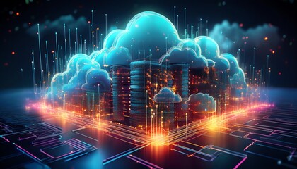 A vibrant digital cityscape with glowing clouds and data streams, representing cloud computing and advanced technology.