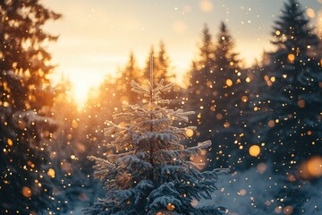 Wall Mural - beautiful winter sunset with snow falling from pine trees