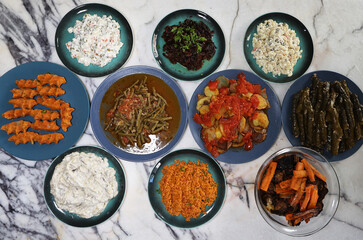 Various Turkish dishes with olive oil on a table