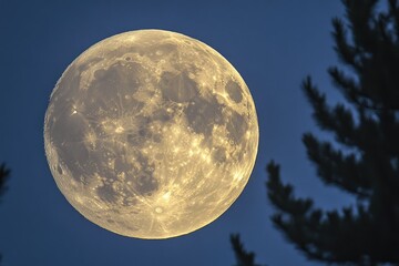 Wall Mural - Full moon shining in a blue hour sky over trees