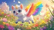 © Edi Purnomo - A white unicorn with rainbow wings flying over a field of colorful flowers in the sunlight.