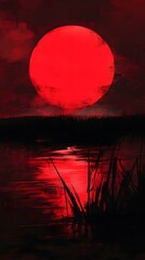 A dark red moonlight over the water, a crimson sky with black clouds, and dark grass on both sides of the river - a fantasy art style painting