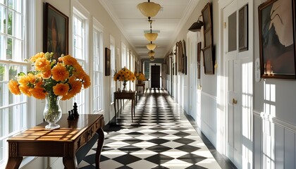 Wall Mural - Bright Sunlit Hallway Featuring Striking Checkerboard Floor Design