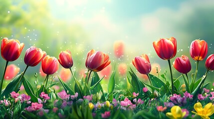 Wall Mural - Vibrant Tulips in a Sun-Kissed Meadow