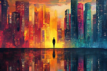 Silhouette of a figure against a vibrant, colorful city skyline at sunset.