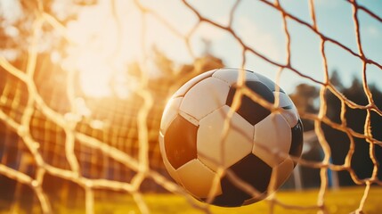 Canvas Print - A soccer ball in the net of a goal.