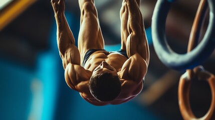 Canvas Print - A man with a muscular physique hangs from gymnastic rings.