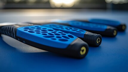 Canvas Print - A row of blue and black paddleball rackets.