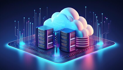 A futuristic representation of cloud computing with servers and data streams, illustrating the concept of digital storage and connectivity.