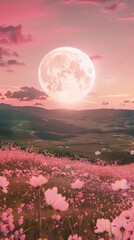 Wall Mural - A breathtaking view of a pink moon rising over a vibrant field of flowers at dusk, surrounded by distant hills under a pastel sky