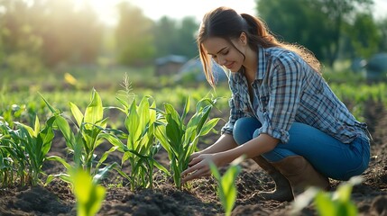 Canvas Print - Woman tending to young corn plants in a field