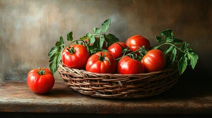 Freshly harvested tomatoes in a wicker basket, with leaves and stems still attached, placed on a rustic table.