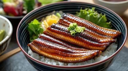 Grilled unagi (Japanese eel) coated in sweet soy sauce, served on top of a bowl of steamed rice with green tea and a small salad in the background