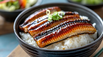 Grilled unagi (Japanese eel) coated in sweet soy sauce, served on top of a bowl of steamed rice with green tea and a small salad in the background