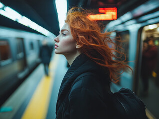 A young woman with flowing red hair stands at a subway station, waiting for her train during a bustling evening commute