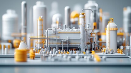 Futuristic chemical plant with automated systems processing raw materials for plastic products