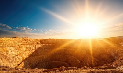 Dramatic sunrise over a rugged landscape, highlighting natural textures and colors in a stunning mineral quarry setting.