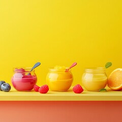 Canvas Print - Colorful fruit yogurt jars sit on a bright yellow shelf. These vibrant desserts feature sweet flavors and fruity toppings. Perfect for a cheerful breakfast or a refreshing snack. AI