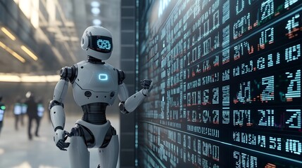 Futuristic digital numbers and robotic figures floating in a virtual trading space navigating the global exchanges and financial markets of the future