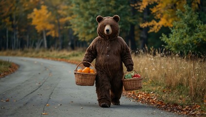 Person in bear costume walking with a basket.