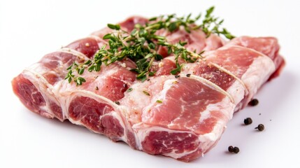 Wall Mural - A raw pork roast with visible marbling and a white background, showcasing the meat quality and readiness for oven roasting or slow cooking.