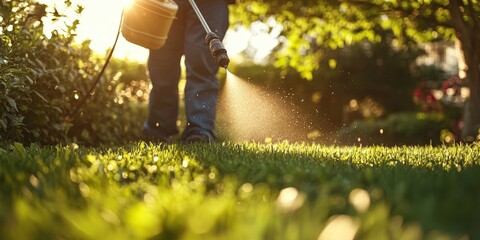 Gardener Spraying Liquid on Grass in Sunny Garden