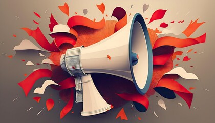 Awareness and Action - poster with a flat design of a megaphone, with red ribbons and speech bubbles radiating out from it. Graphic art illustration