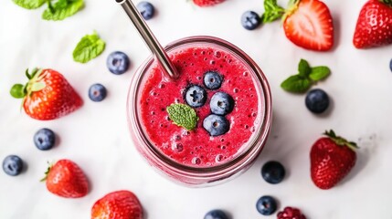 Top view of a berry smoothie in a glass jar with a metal straw, surrounded by fresh strawberries, blueberries, and mint leaves on a white marble background.