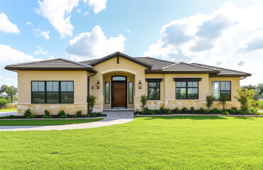 Beautiful front view of the exterior of an elegant single-story home