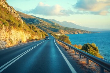 car drive on road of Mediterranean beach. Highway view on coast on way to summer vacation. driving on coast of nature. generative ai