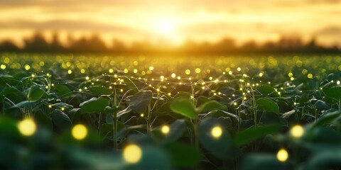 Wall Mural - green field of soybean plants with net of glowing dots above them. concept of digital agriculture an