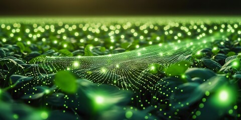 Wall Mural - green field of soybean plants with net of glowing dots above them. concept of digital agriculture an
