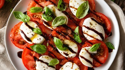 Top view of a fresh Caprese salad with sliced tomatoes, mozzarella, and basil, drizzled with balsamic vinegar on a white plate