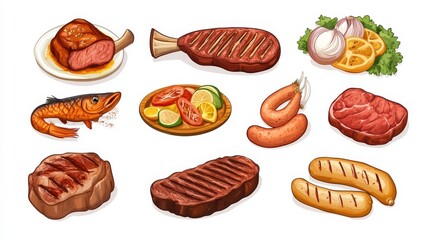 Grilled meat and fish assortment.