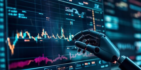 Canvas Print - Future financial technology controlled by AI robot using machine learning and artificial intelligence to analyze business data and give advice on investment and trading decision