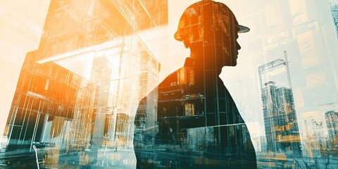Wall Mural - future building construction engineering project with double exposure graphic design building engine