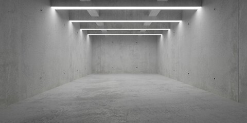 Abstract empty, modern concrete room with horizontal ceiling light strings, square inset ceiling and rough floor - industrial interior background template